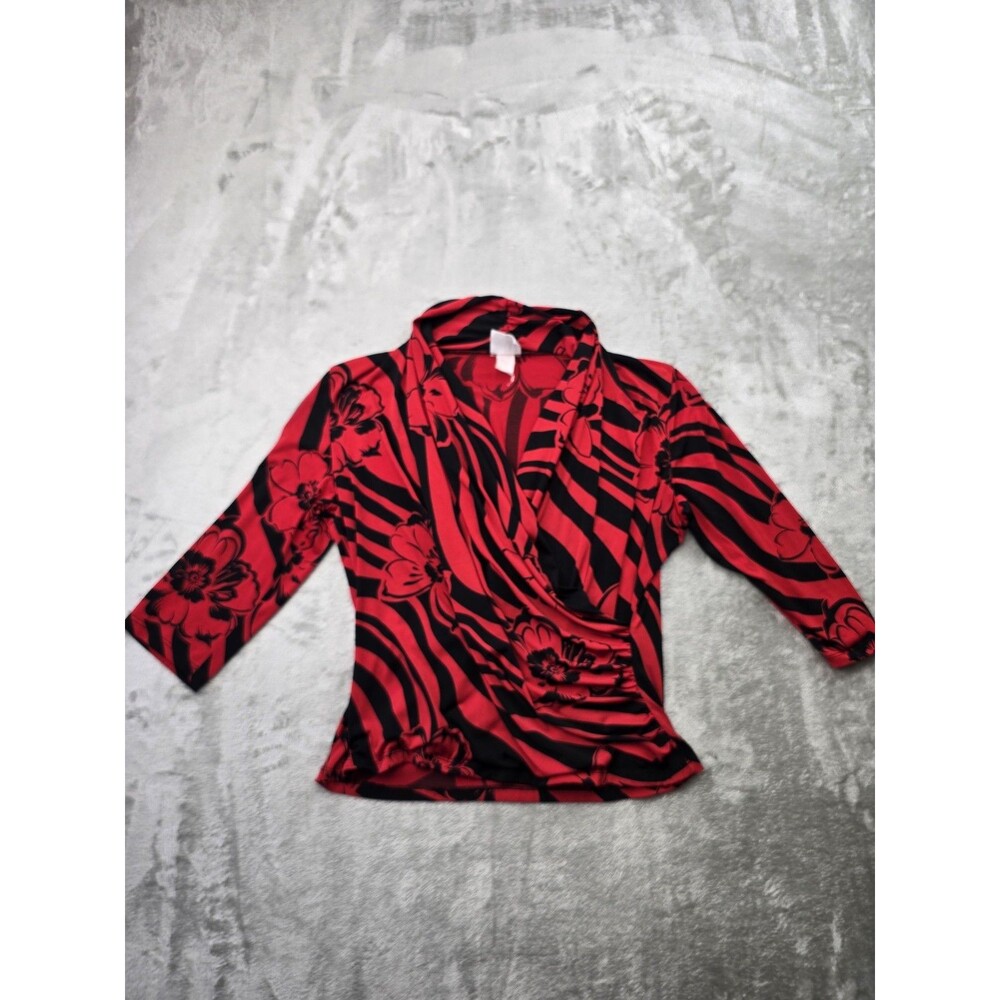 ​Ellen & Company Women Top Red Black Floral Abstract Faux Wrap V-Neck 3/4 Sleeve